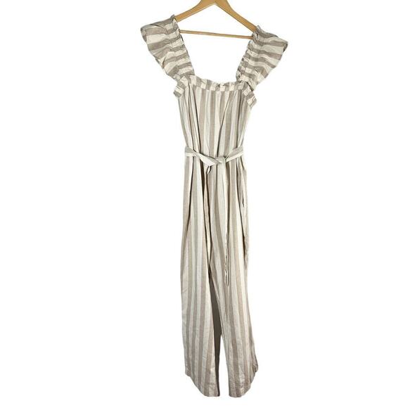 VERO MODA Belted Linen Blend Stripe Jumpsuit Size XL - Picture 2 of 9